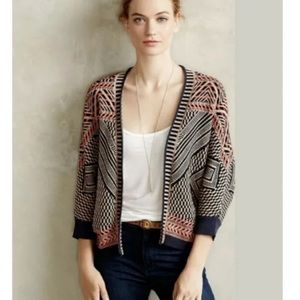 Anthropologie Moth Jacquard Geometric Open Front Cardigan, Small, Cotton